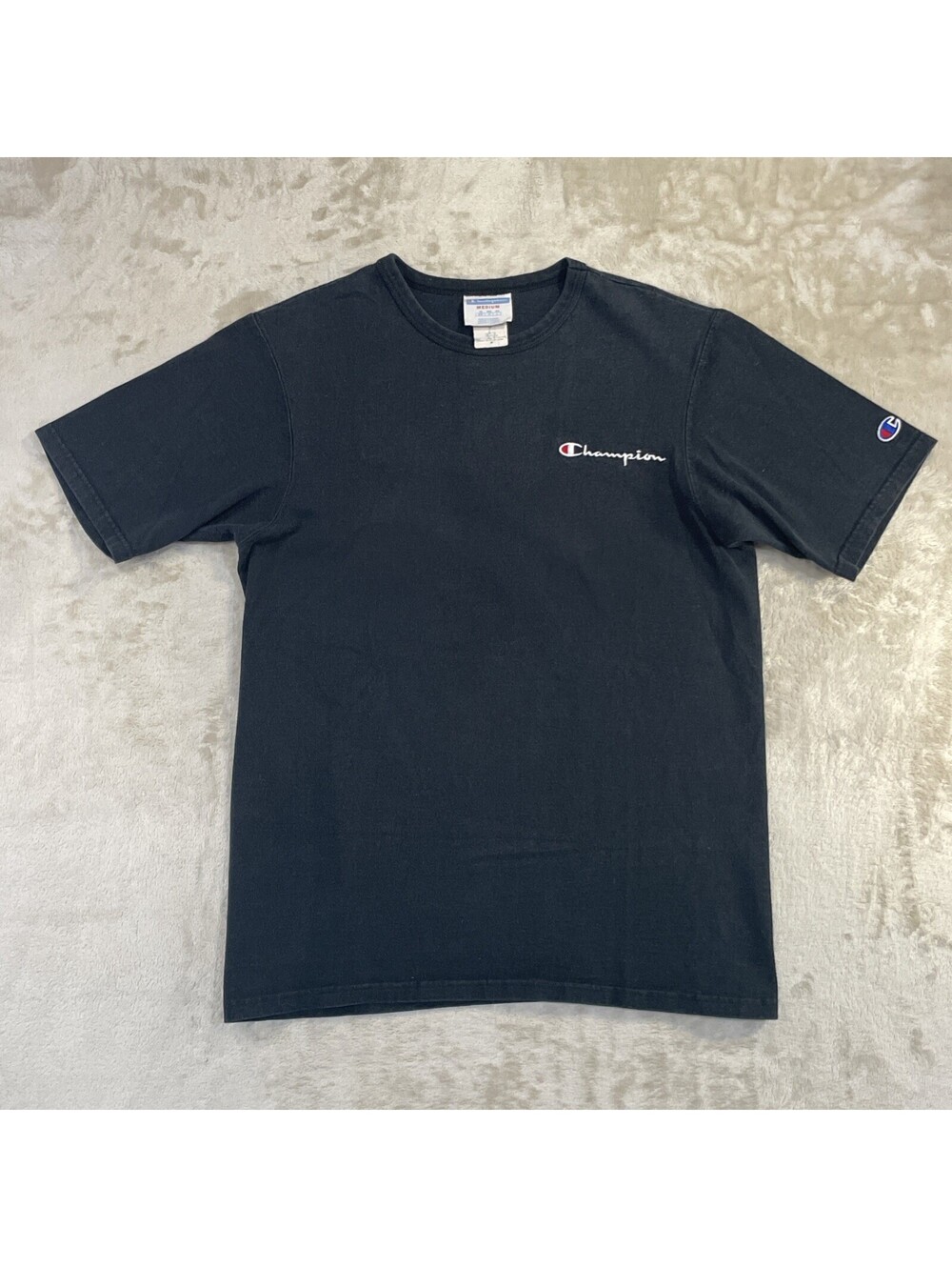 Vintage 90’s Champion Shirt Embroidered Script Logo Black Tee Mens Size M